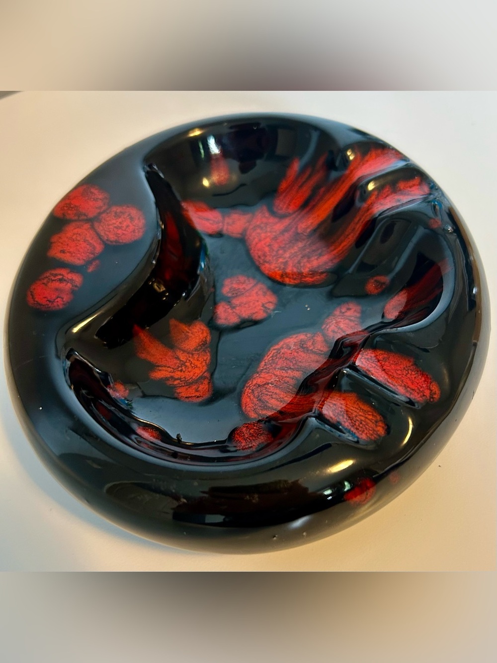 Vintage MCM Black Red Art Glass Ashtray 
Atomic Mad Men